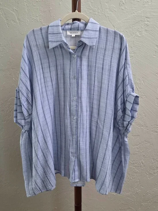 T11. Blue Striped Oversized Button-Down Shirt - Picture 4 of 6